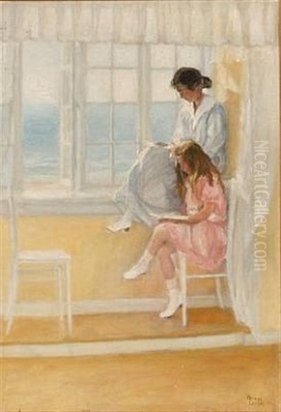 Mother And Daughter Reading At The Window Oil Painting by Nana Levison