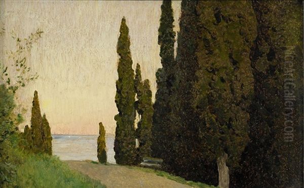 Crimea; Cypress Avenue By The Sea Oil Painting by Isaak Levitan