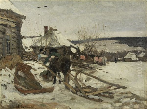 Horse-drawn Sled In The Winter Oil Painting by Isaak Levitan