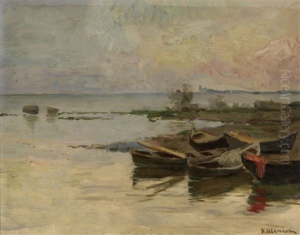 Boats By The Coast Oil Painting by Isaak Levitan