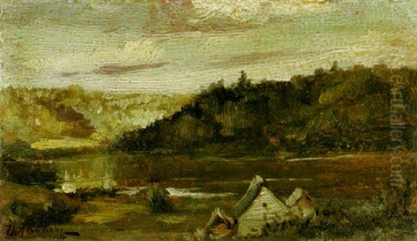 A Landscape With A Lake And A Cabin In The Foreground Oil Painting by Isaak Levitan