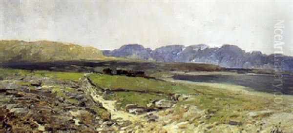 Russisk Landskab Med Bjerge I Baggrunden Oil Painting by Isaak Levitan