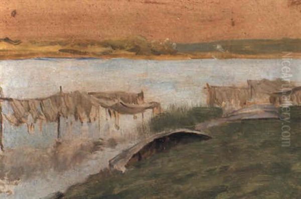 Nets Drying By The River Oil Painting by Isaak Levitan