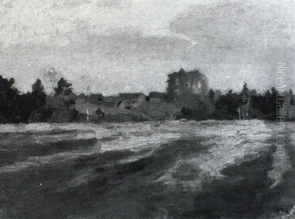 Field At Dusk, Town Beyond Oil Painting by Isaak Levitan