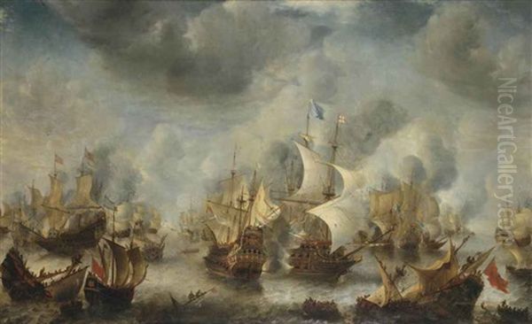 The Battle Of Scheveningen, 10 August 1653 (after Jan Abrahamsz. Beerstraten) Oil Painting by Adolf Johannes Petrus Levolger