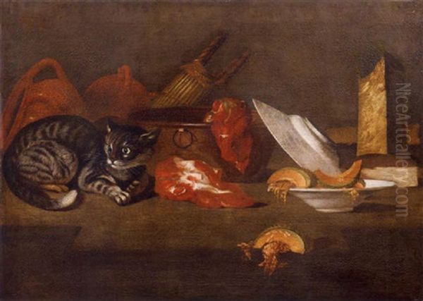 Interno Di Cucina Con Gatto, Stoviglie, Bacile Di Rame E Sporta Di Canna Oil Painting by Nicola Levoli