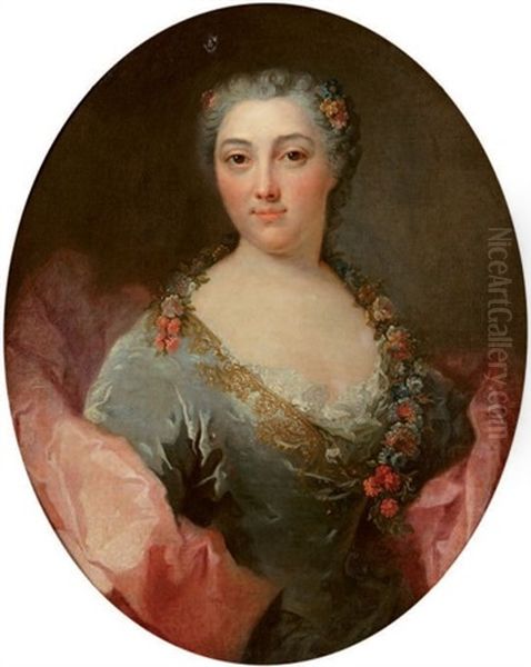 Portrait De Femme En Flore Dans Une Robe Bleue A Broderies A Fils D'or A Son Bustier, Dans Un Grand Drape Rose Oil Painting by Robert Levrac-Tournieres