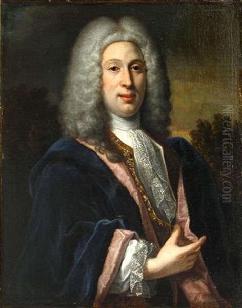 A Portrait Of A Nobleman, Half-length, In A Blue Cloak Oil Painting by Robert Levrac-Tournieres