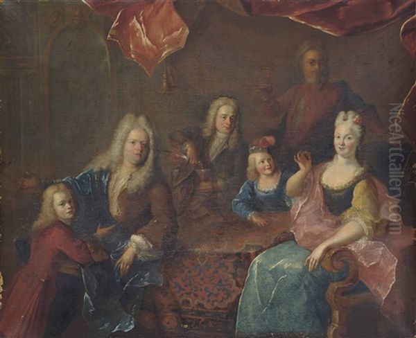 Portrait Of A Family, In An Interior Oil Painting by Robert Levrac-Tournieres