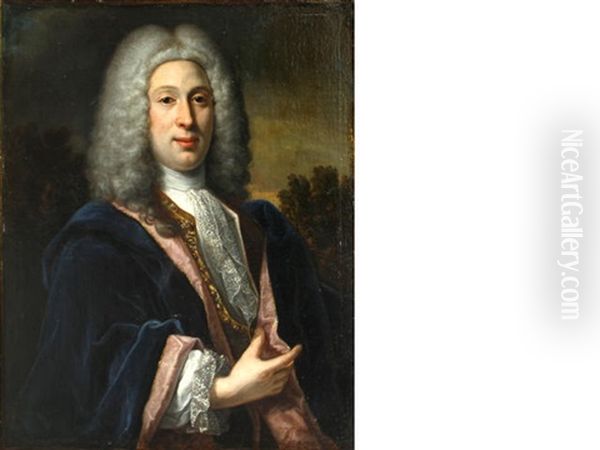 A Portrait Of A Nobleman, Half-length, In A Blue Cloak Oil Painting by Robert Levrac-Tournieres