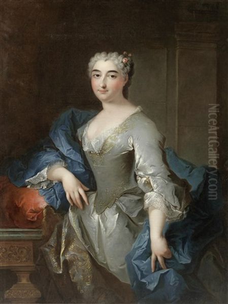 Portrait Of A Lady, Three-quarter-length, In A Blue Silk Dress And A Floral Headdress, Standing Beside A Table Oil Painting by Robert Levrac-Tournieres