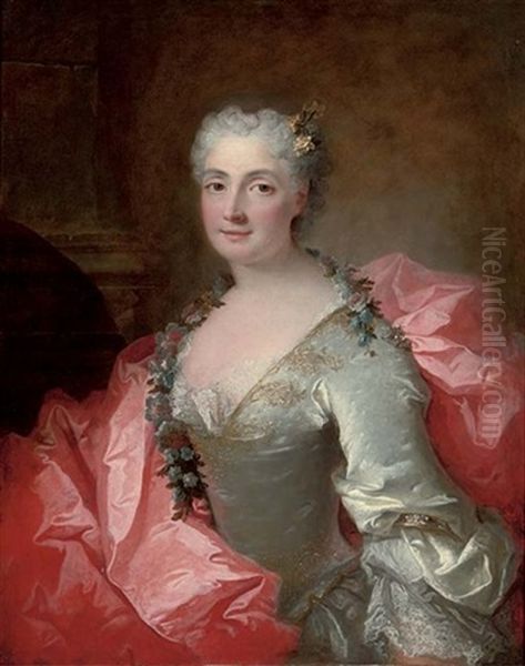 Portrait Of A Lady In A Lace Trim Dress With A Red Silk Wrap (duchesse De Chateauroux ?) Oil Painting by Robert Levrac-Tournieres