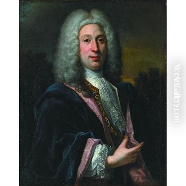 A Portrait Of A Nobleman In A Blue Cloak With Woods Beyond Oil Painting by Robert Levrac-Tournieres