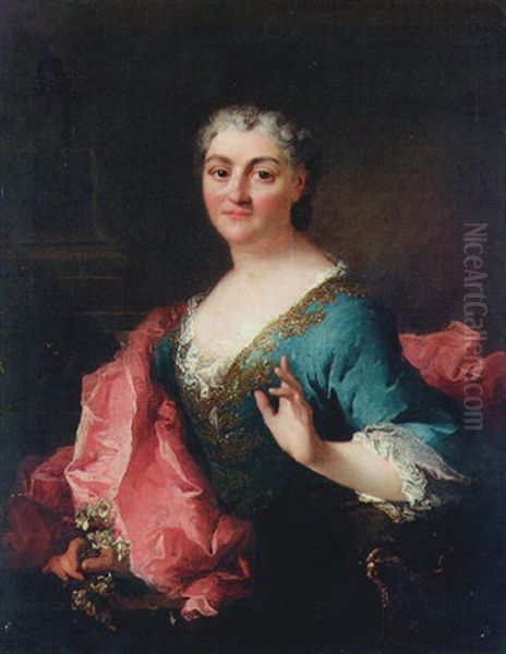 Portrait Of A Lady In A Gold-embroidered Blue Dress With A Scarlet Mantle, Before A Pillar, A Sprig Of Orange Blossom In Her Right Hand Oil Painting by Robert Levrac-Tournieres