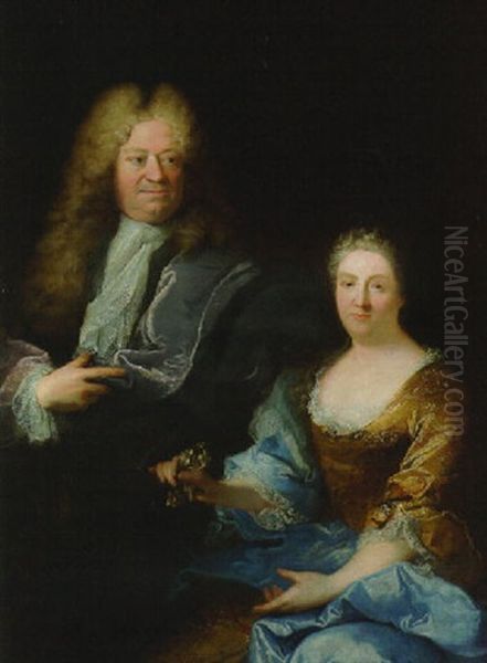 Double Portrait Of A Nobleman, In Purple Robes And A Lace Cravat, And His Wife In A Yellow Dress Oil Painting by Robert Levrac-Tournieres