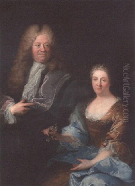 Double Portrait Of A Nobleman, Three Quarter Length, In Robes And His Wife, Seated Half Length, In A Dress Oil Painting by Robert Levrac-Tournieres