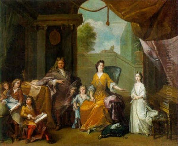 Portrait Of A Gentleman, His Wife And Five Children In A Palatial Interior Oil Painting by Robert Levrac-Tournieres