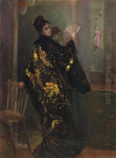 Woman In A Black Kimono Oil Painting by Alexander Oscar Levy