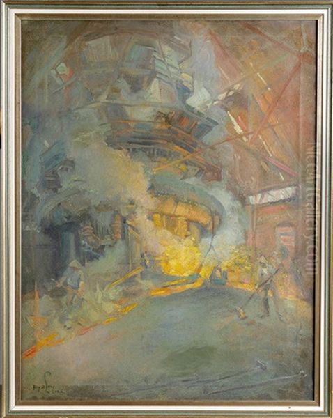 The Blast, Iron Furnaces Oil Painting by Alexander Oscar Levy