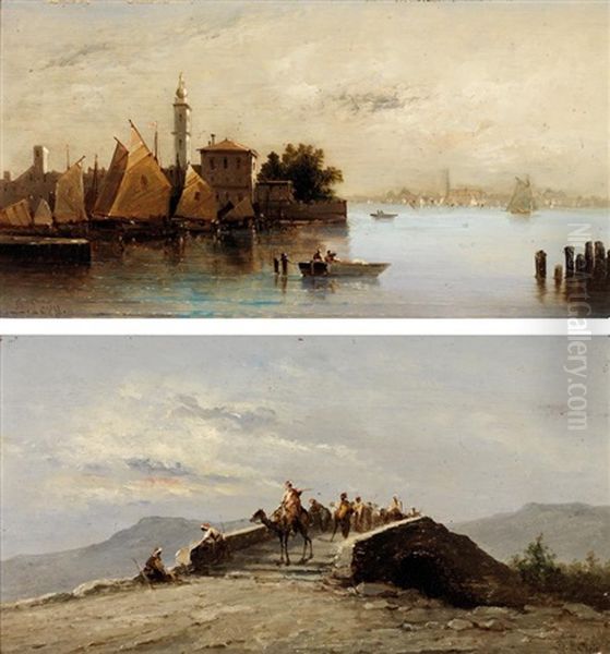 Caravane Sur Un Pont, Port D'orient (2 Works) Oil Painting by Alphonse Jacques (Said) Levy