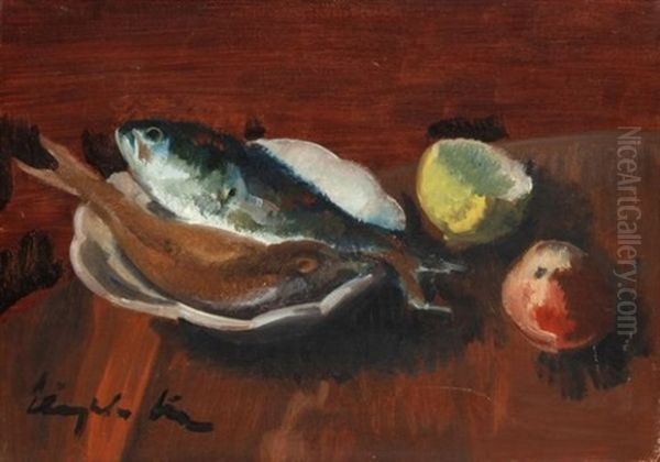 Nature Morte Aux Poissons, Pomme Et Citron ( + Paysage, Study; Verso) Oil Painting by Alphonse Jacques (Said) Levy