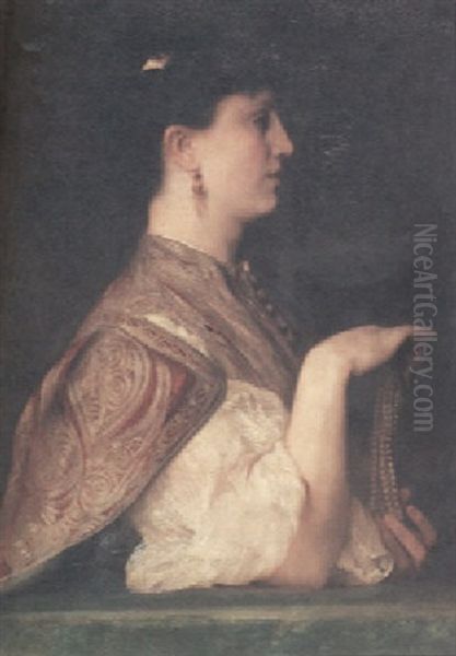 A Portrait Of A Lady Holding A String Of Pearls Oil Painting by Emile Levy