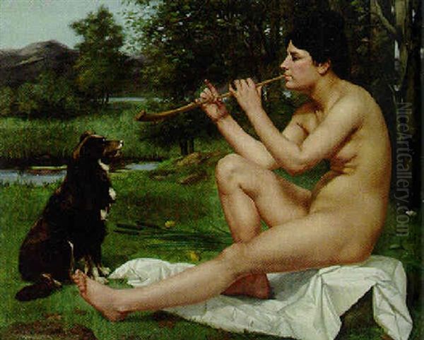 A Woman Playing A Flute Oil Painting by Emile Levy