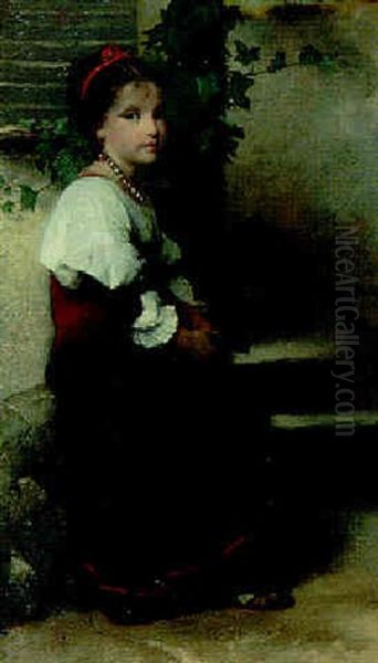 Portrait Of A Young Girl, Seated By A Wall Oil Painting by Emile Levy