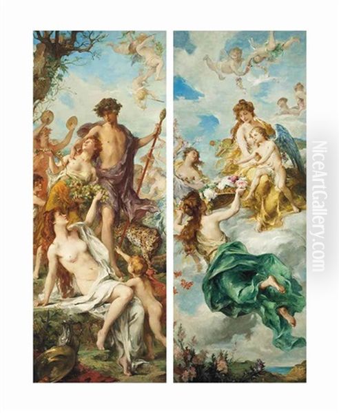 Aphrodite And Eros; And Dionysus And Ariadne (pair) Oil Painting by Henri Leopold Levy