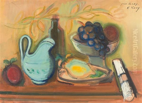 Stillleben Mit Fruchten, Gefasen Und Serviette Oil Painting by Rudolf Levy