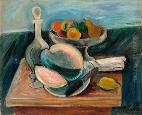 Stilleben Mit Fruchtschale, Melone Und Karaffe Oil Painting by Rudolf Levy