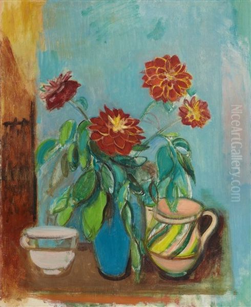 Dahlien In Blauer Vase Oil Painting by Rudolf Levy