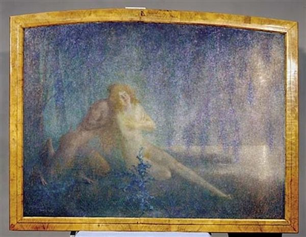 Conte Bleu - Wood Nymph With Satyr Oil Painting by Lucien Levy-Dhurmer