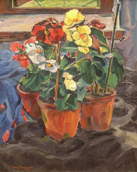 Stilleben Mit Blumentopfen Vor Dem Fenster Oil Painting by Heinz Lewerenz