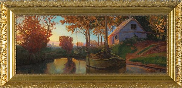 Sunset At Pond Oil Painting by Henryk Lewin