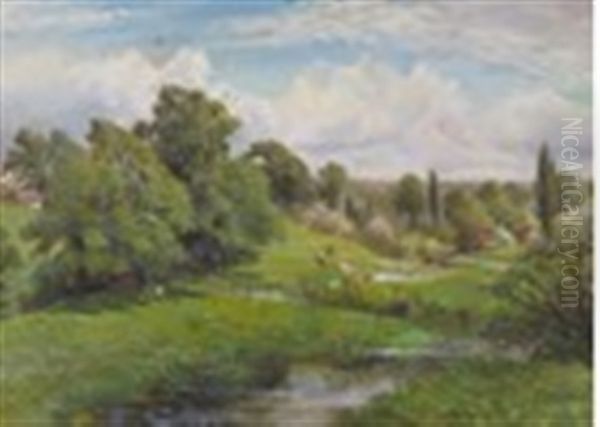 Cattle In A Sunny River Landscape, Fovant, Wiltshire Oil Painting by Charles James Lewis