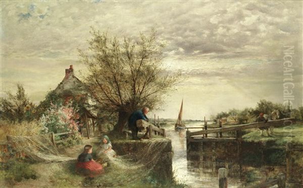 A Thames Lock, Summertime Oil Painting by Charles James Lewis