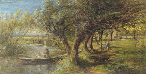 Fishing In A Punt (+ A Summer Meadow; Pair) Oil Painting by Charles James Lewis