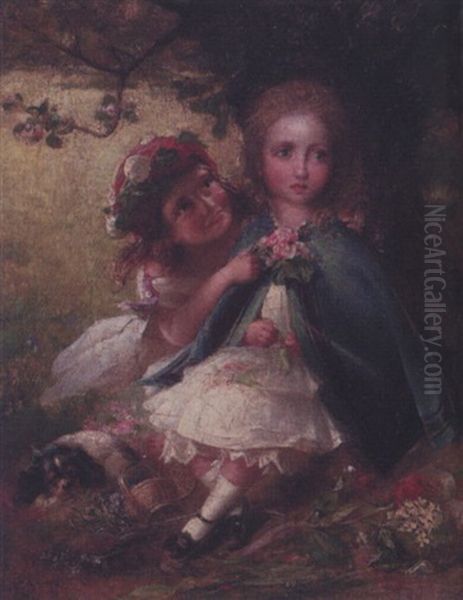 Two Young Girls With Their King Charles Spaniel Oil Painting by Charles James Lewis