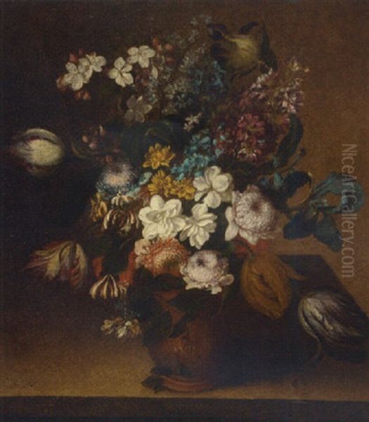 Tulips, Carnations, Narcissi And Others Flowers In A Vase On A Ledge Oil Painting by Charles James Lewis