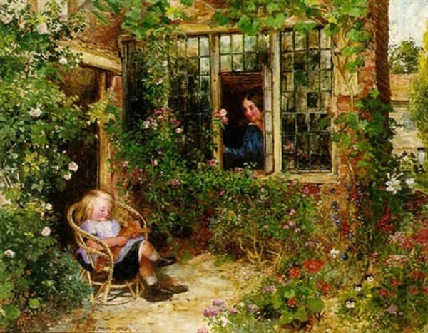 Girls In The Cottage Garden Oil Painting by Charles James Lewis