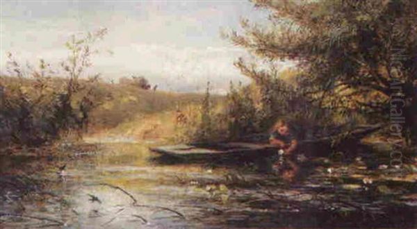 A Young Girl Picking Lilies From A Punt Oil Painting by Charles James Lewis