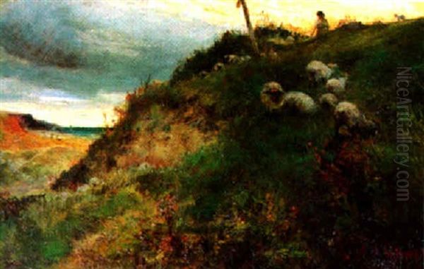 Sheep On A Hillside Oil Painting by Charles James Lewis