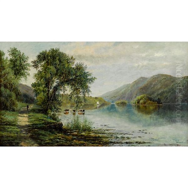 Summer Landscape With Lake And Cows Oil Painting by Edmund Darch Lewis