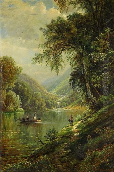 Landscape With Figures Fishing By A Stream Oil Painting by Edmund Darch Lewis