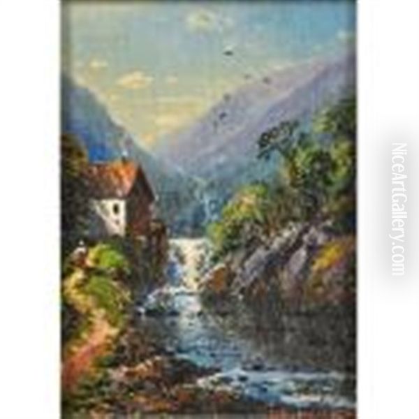 Landscape With Waterfall Oil Painting by Edmund Darch Lewis