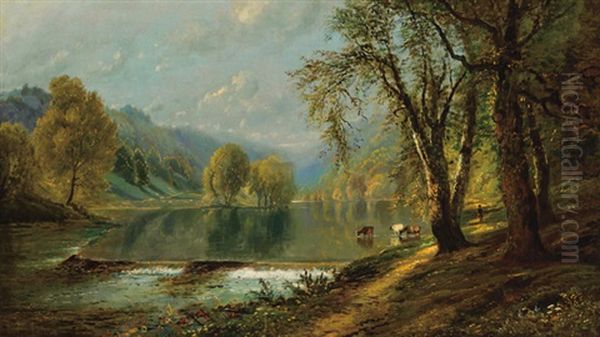 A Summer's Day Along A River Oil Painting by Edmund Darch Lewis