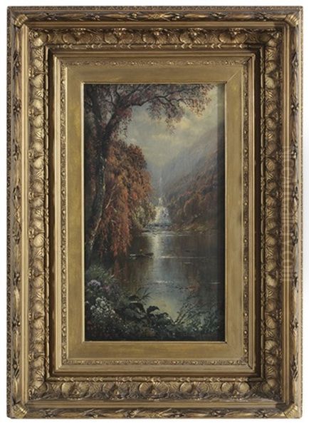 Landscape With Waterfall And Figure In Boat by Edmund Darch Lewis