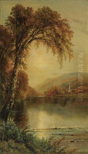 A Wooded River Scene Oil Painting by Edmund Darch Lewis