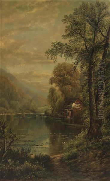 A Wooded River Scene Oil Painting by Edmund Darch Lewis